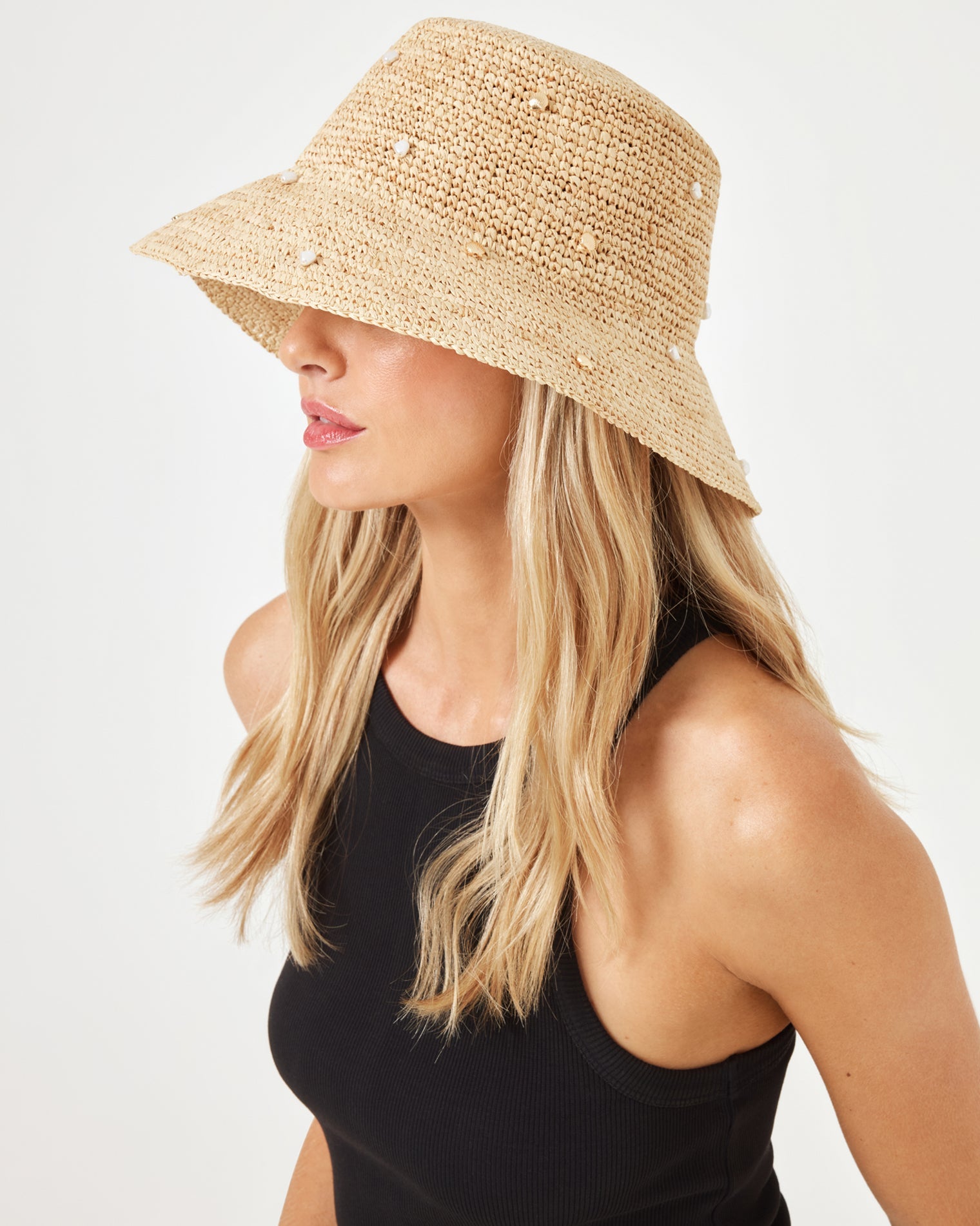 LSPACE Raffia Bucket Hat with Shells & Pearls - LSPACE Carmel Island Hat - Clothing|Swim